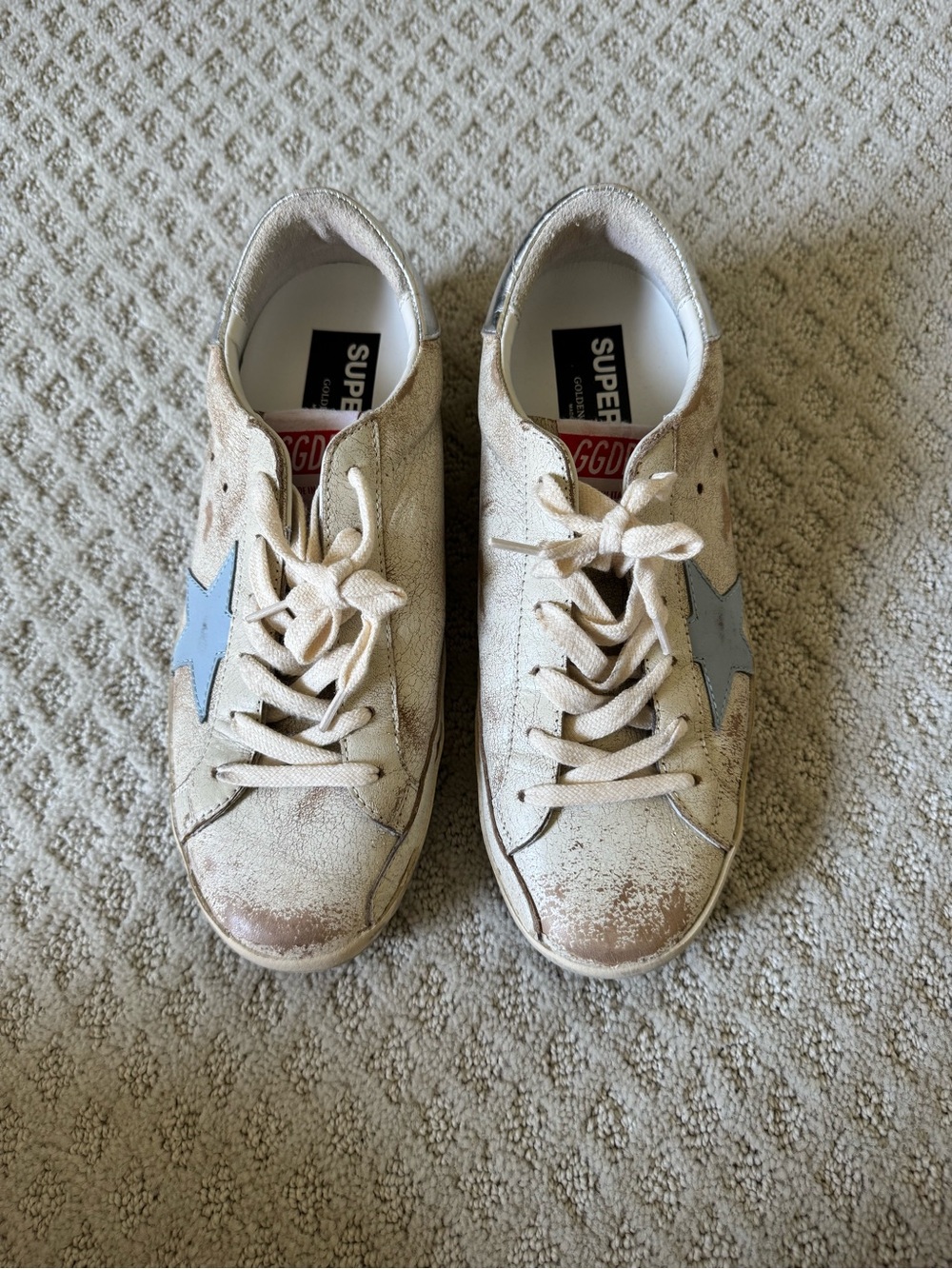 Golden Goose Kids Cream Leather Sneakers with Blue Star Accents